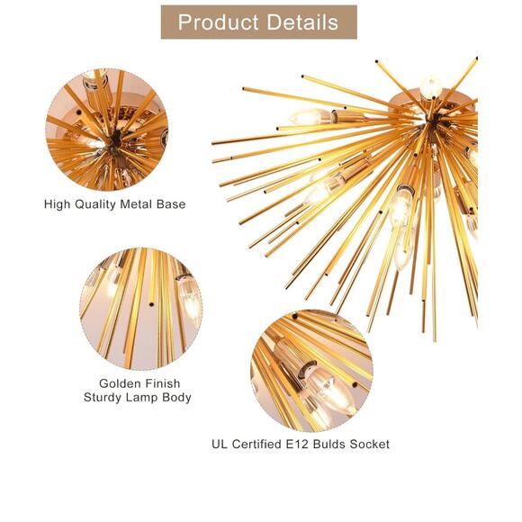 Gold Sputnik 12-Light Firework Ceiling Light Fixture - Picture 8 of 10